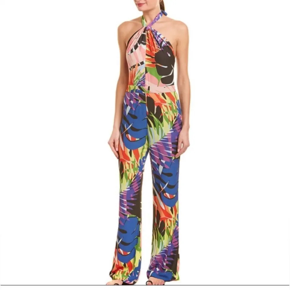 Josie by Natori NWT Black Leaf Halter Jumpsuit size 16 floral colorful women’s